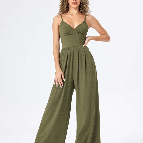 Cider Pants - Cider Green Jumpsuit with V-Neck and Wide Legs